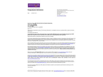 2019offer：恭喜劉同學(xué)獲得曼徹斯特大學(xué)高級控制與系統(tǒng)工程專業(yè)碩士通知書