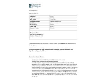 2019offer：恭喜張同學(xué)獲得格拉斯哥大學(xué)金融經(jīng)濟學(xué)專業(yè)碩士通知書