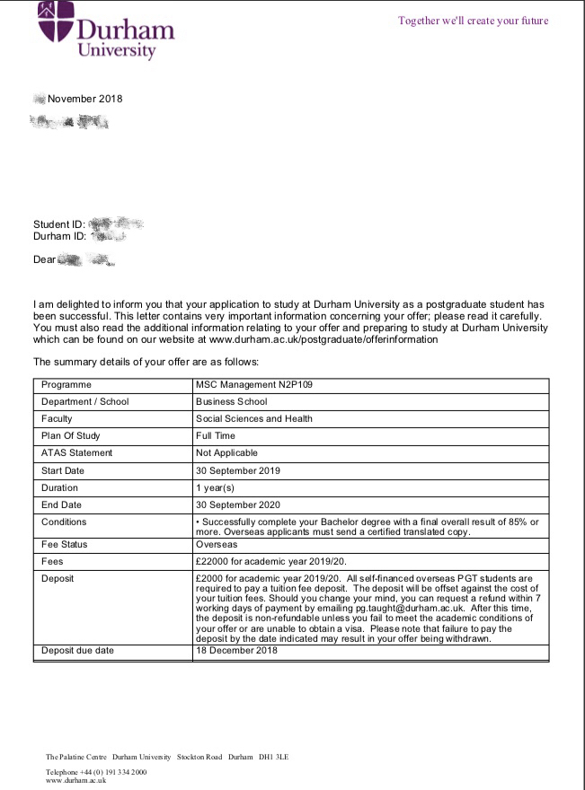 2019offer：恭喜方同學(xué)獲得杜倫大學(xué)管理學(xué)專業(yè)碩士通知書