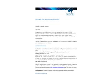 2019offer：恭喜林同學獲得華威大學（世界排名：54）會計與金融專業碩士通知書