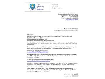2019offer：恭喜吳同學獲得謝菲爾德大學國際管理與市場營銷專業(yè)碩士通知書