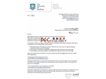 2019offer：恭喜張同學獲得謝菲爾德大學（世界排名：78）高等計算機科學專業(yè)碩士通知書