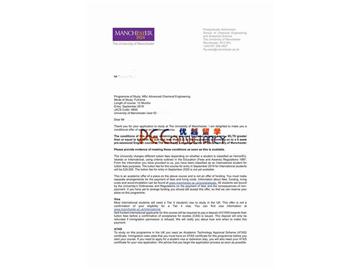 2019offer：恭喜周同學獲得曼徹斯特大學(世界排名：29)高等化學工程專業碩士通知書