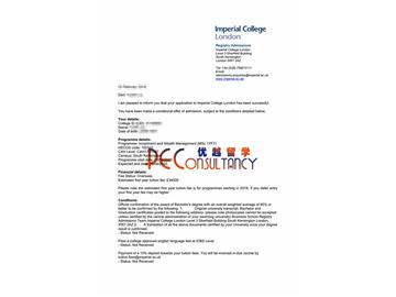 2019offer：恭喜于同學獲得帝國理工學院(世界排名：8)投資與財務管理專業錄取通知書