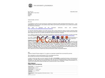 2019offer：恭喜李同學獲得愛丁堡大學(世界排名：18)地理信息科學專業碩士通知書