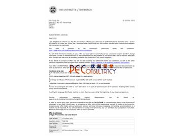 2019offer：恭喜吳同學獲得愛丁堡大學(世界排名：18)國際經濟法專業碩士通知書