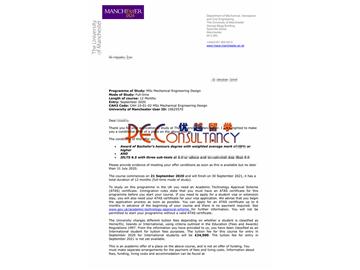 2020offer：恭喜朱同學獲得曼徹斯特大學(世界排名：27)機械工程設計專業(yè)碩士通知書