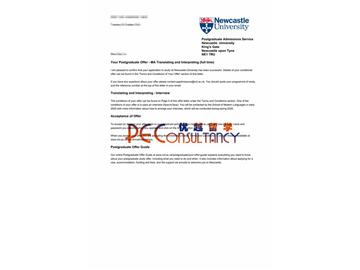 2020offer：恭喜陳同學獲得紐卡斯爾大學(世界排名：146)翻譯與口譯專業(yè)碩士通知書