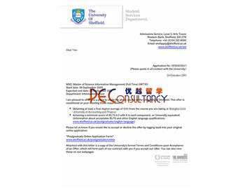 2020offer：恭喜朱同學獲得謝菲爾德大學(世界排名：78)信息管理專業(yè)碩士通知書