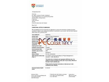 2020offer：恭喜李同學獲得悉尼大學(世界排名：42)工程管理專業(yè)碩士通知書