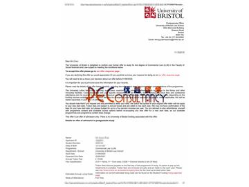2020offer：恭喜吳同學獲得布里斯托大學(世界排名：49)商法專業(yè)碩士通知書