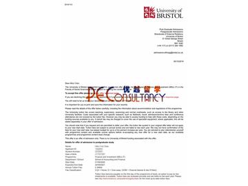 2020offer：恭喜吳同學獲得布里斯托大學(世界排名：49)金融與投資專業(yè)碩士通知書