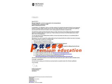 2020offer：恭喜趙同學獲得莫納什大學(世界排名：58)銀行與金融專業(yè)碩士通知書