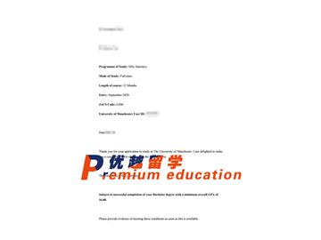 2020offer：恭喜金同學獲得曼徹斯特大學(世界排名：27)統(tǒng)計學專業(yè)碩士通知書