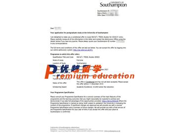 2020offer：恭喜金同學獲得南安普頓大學(世界排名：97)英語教學研究專業(yè)碩士通知書