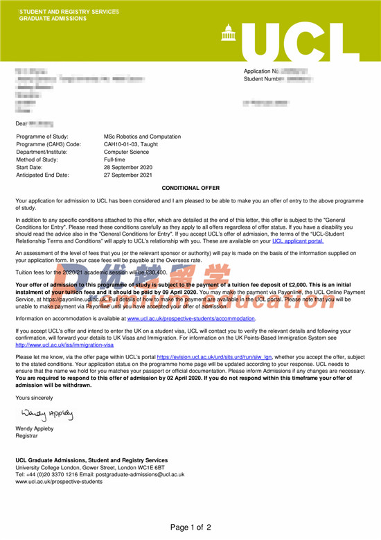 2020offer：恭喜羅同學(xué)獲得倫敦大學(xué)學(xué)院機(jī)器人計(jì)算專業(yè)碩士通知書