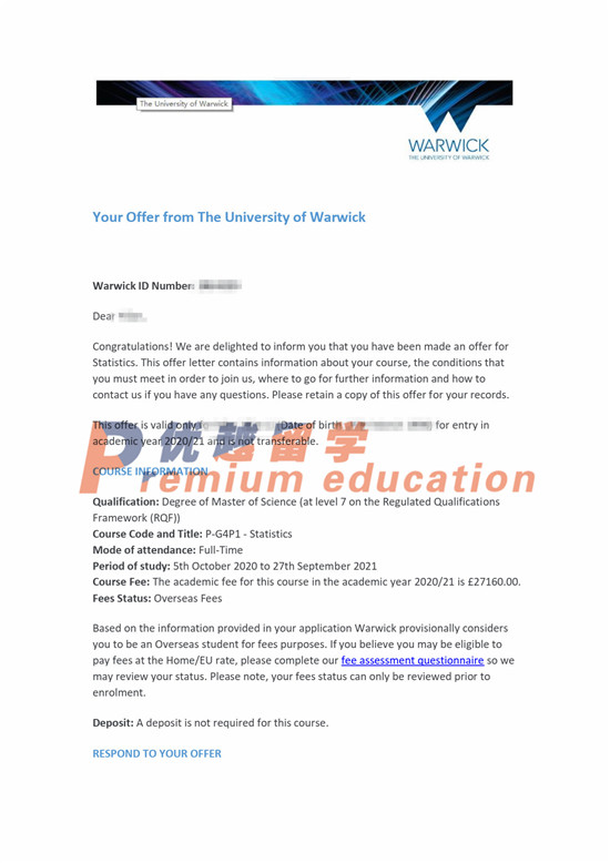 2020offer：恭喜劉同學(xué)獲得華威大學(xué)統(tǒng)計(jì)學(xué)專業(yè)碩士通知書
