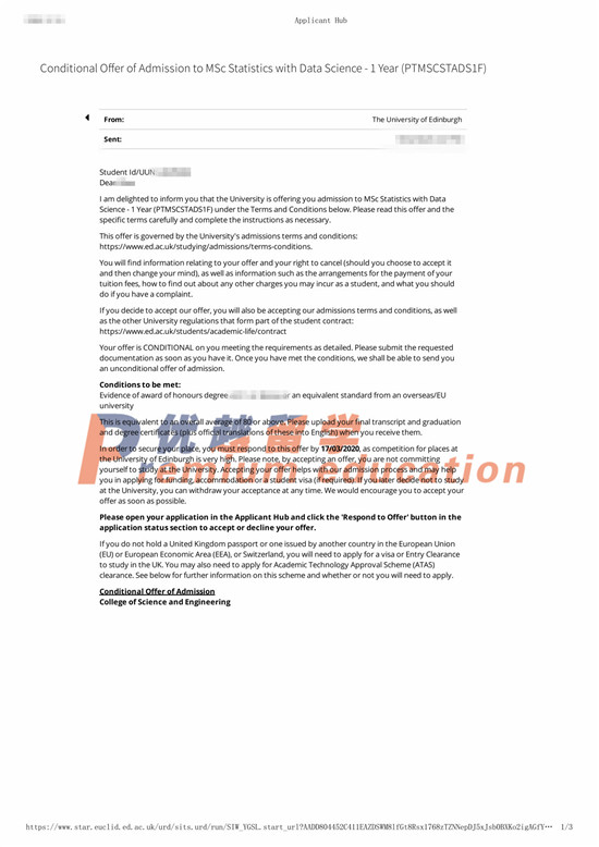2020offer：恭喜韓同學(xué)獲得愛丁堡大學(xué)數(shù)據(jù)統(tǒng)計(jì)專業(yè)碩士通知書