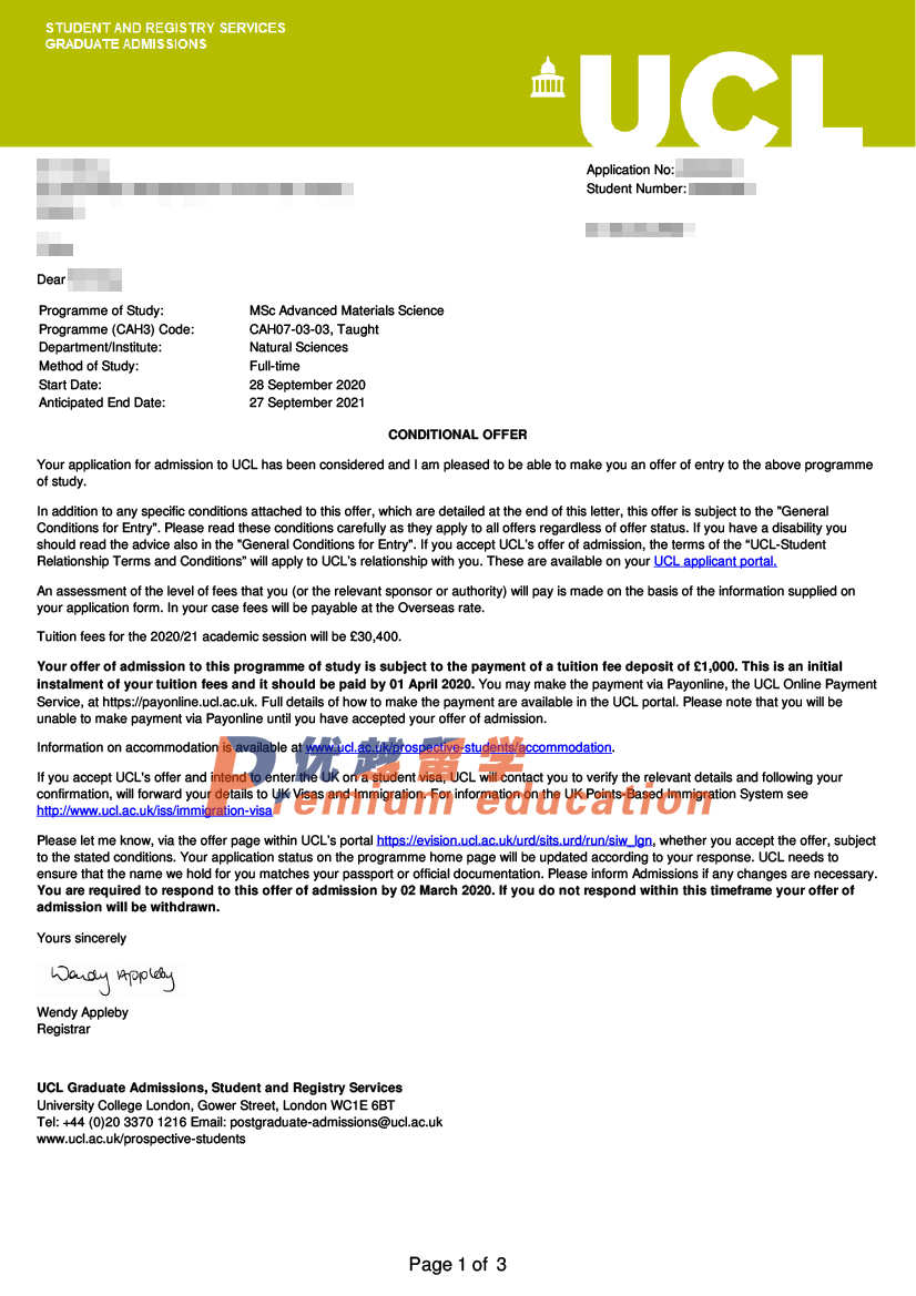 2020offer：恭喜尹同學(xué)獲得倫敦大學(xué)學(xué)院高等材料科學(xué)專業(yè)碩士通知書