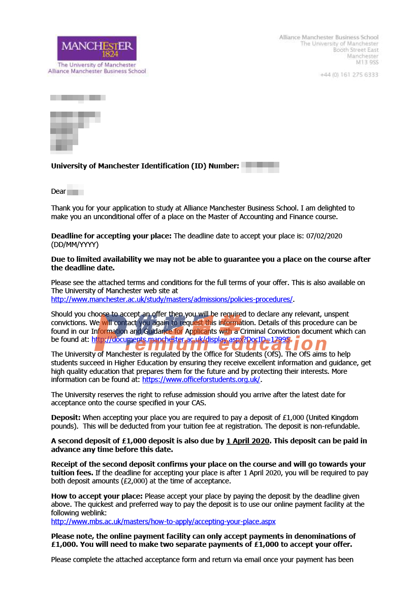 2020offer：恭喜徐同學(xué)獲得曼徹斯特大學(xué)會(huì)計(jì)金融專業(yè)碩士通知書