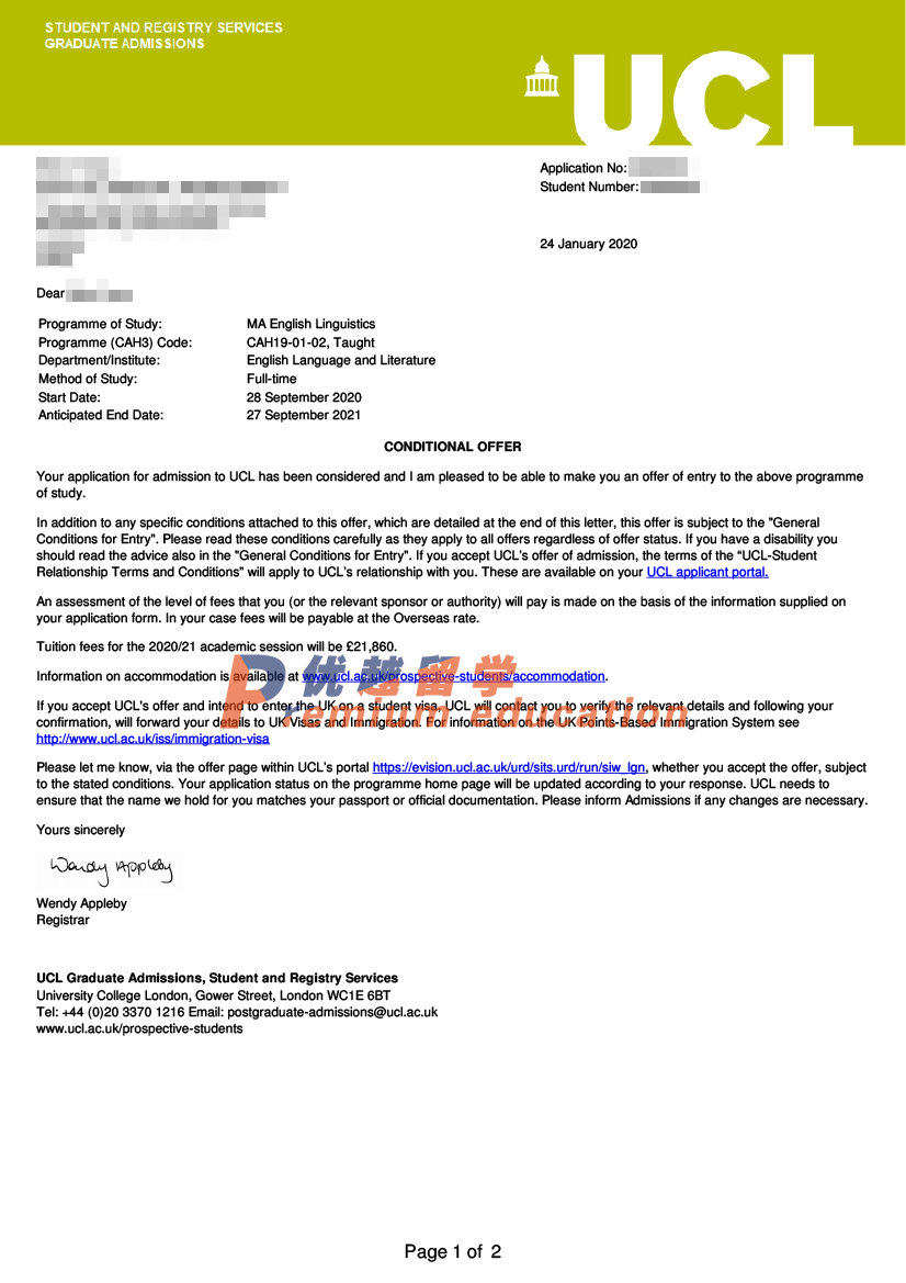 2020offer：恭喜朱同學(xué)獲得倫敦大學(xué)學(xué)院英語(yǔ)語(yǔ)言學(xué)專業(yè)碩士通知書