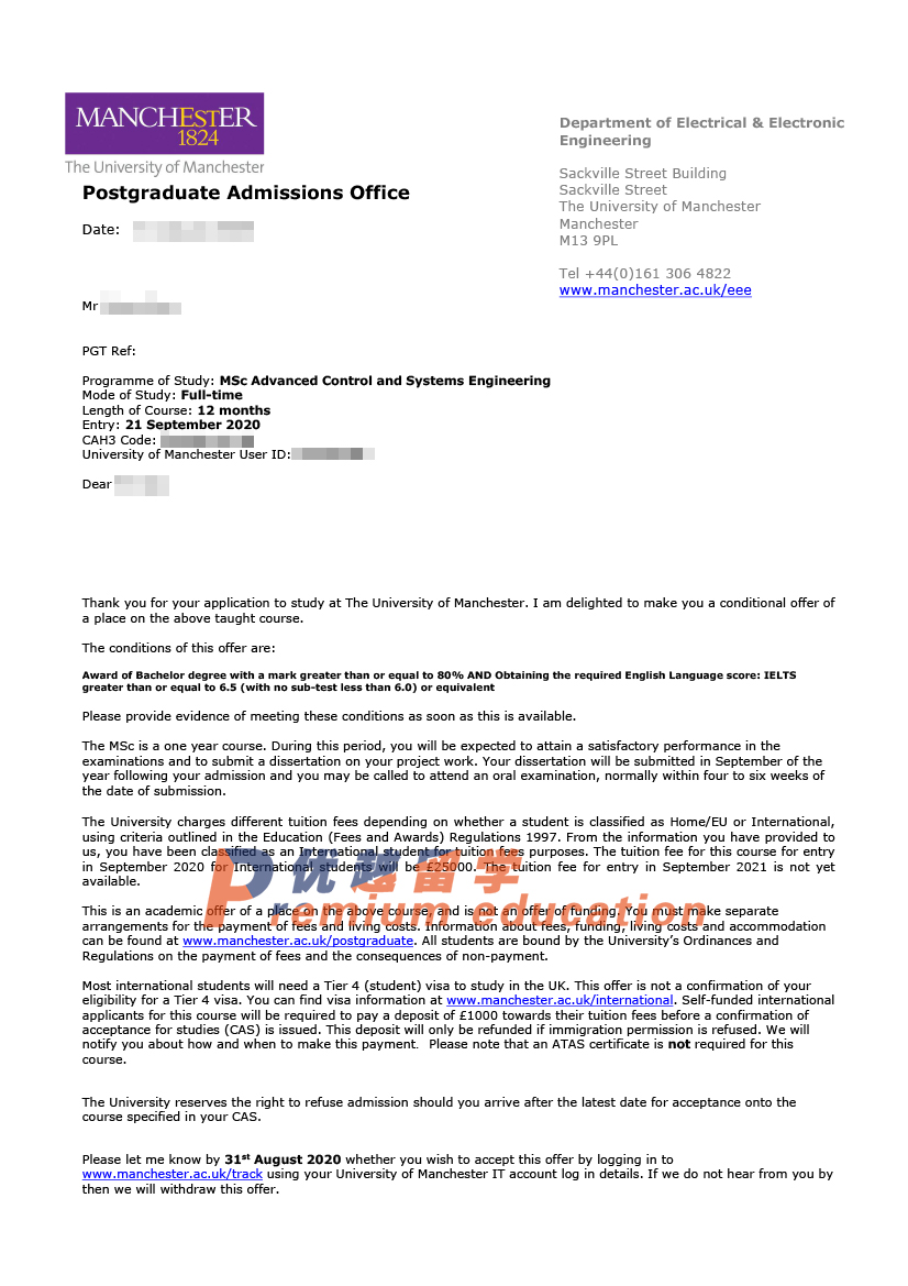 2020offer：恭喜李同學(xué)獲得曼徹斯特大學(xué)高等控制與系統(tǒng)工程專業(yè)碩士通知書