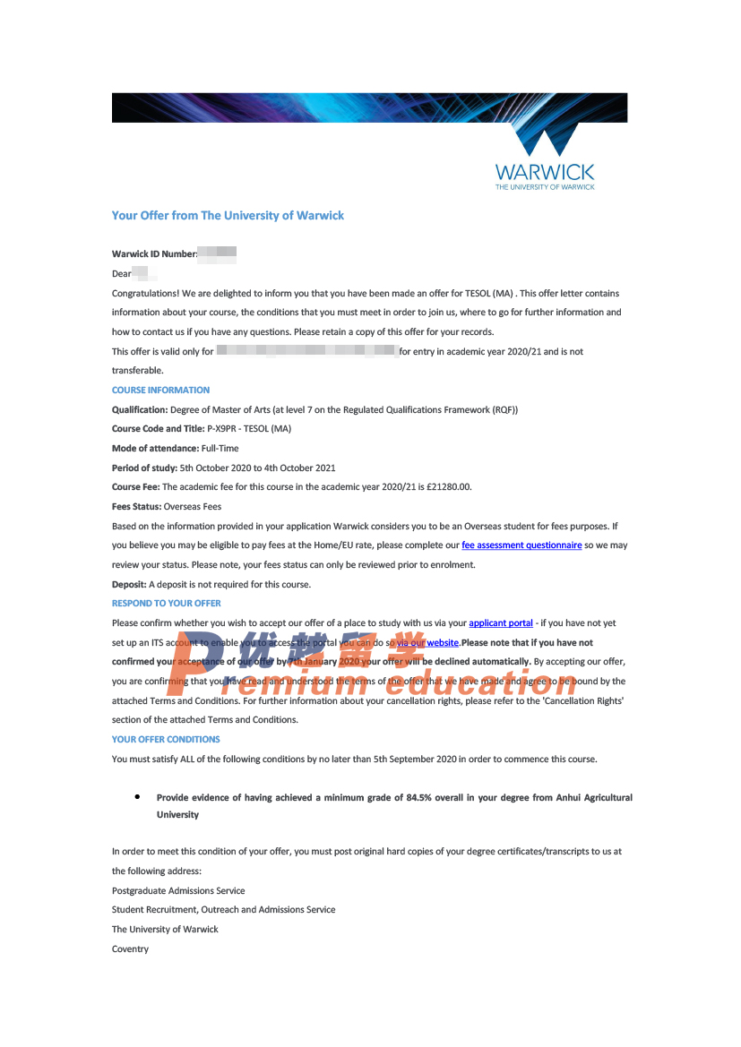 2020offer：恭喜陳同學獲得華威大學對外英語教學專業碩士通知書