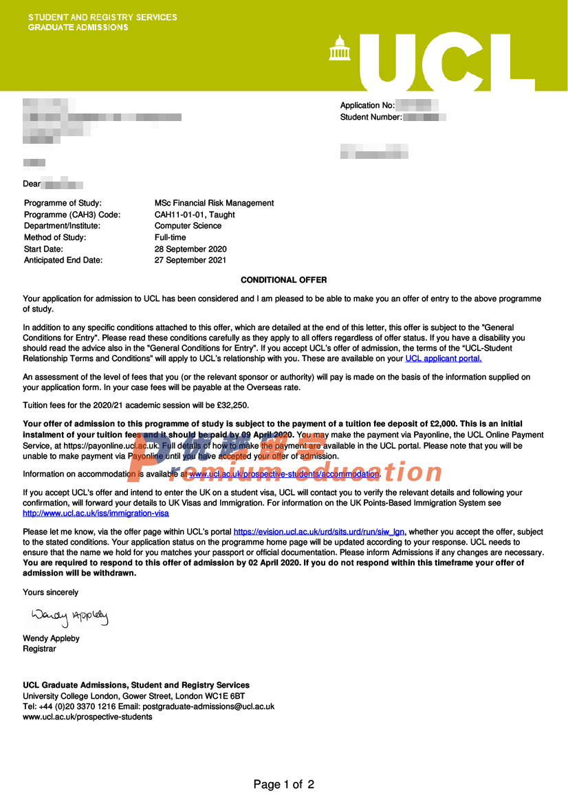 2020offer：恭喜秦同學獲得倫敦大學學院金融風險管理專業碩士通知書