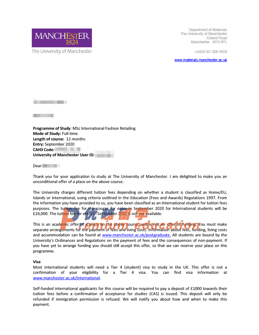 2020offer：恭喜李同學獲得曼徹斯特大學國際時尚零售專業碩士通知書