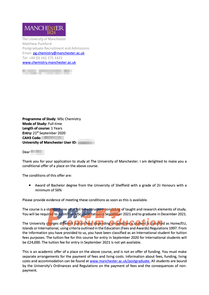 2020offer：恭喜艾同學獲得曼徹斯特大學化學專業碩士通知書