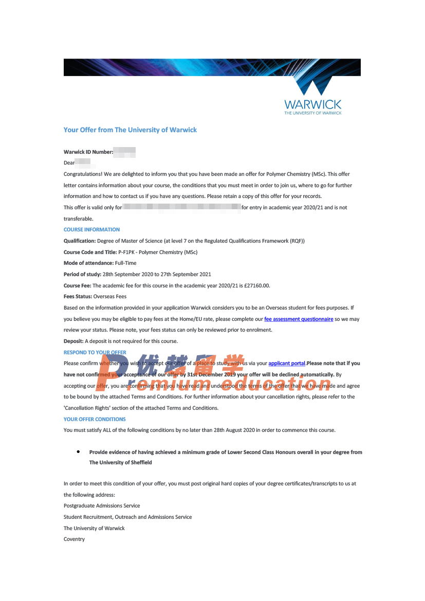 2020offer：恭喜夏同學獲得華威大學高分子化學專業碩士通知書