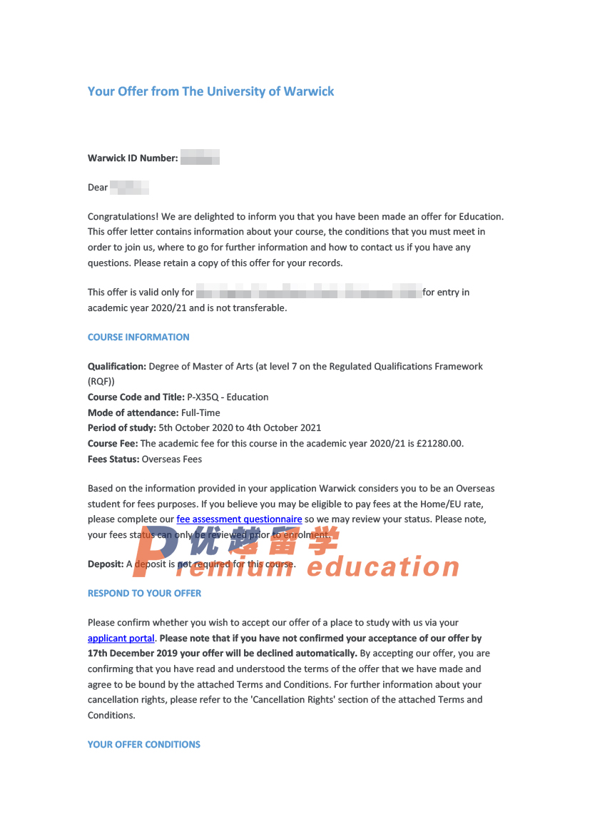 2020offer：恭喜潘同學獲得華威大學教育學專業碩士通知書