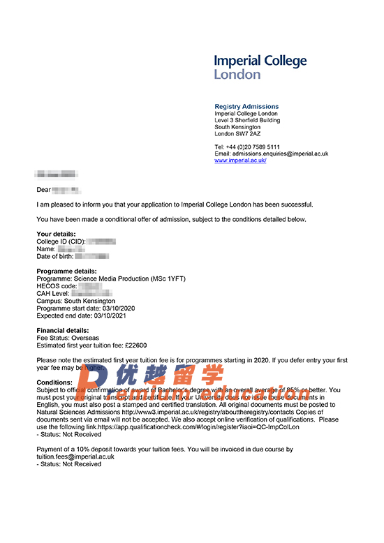 2020offer：恭喜徐同學獲得帝國理工大學科學媒體制作專業碩士通知書