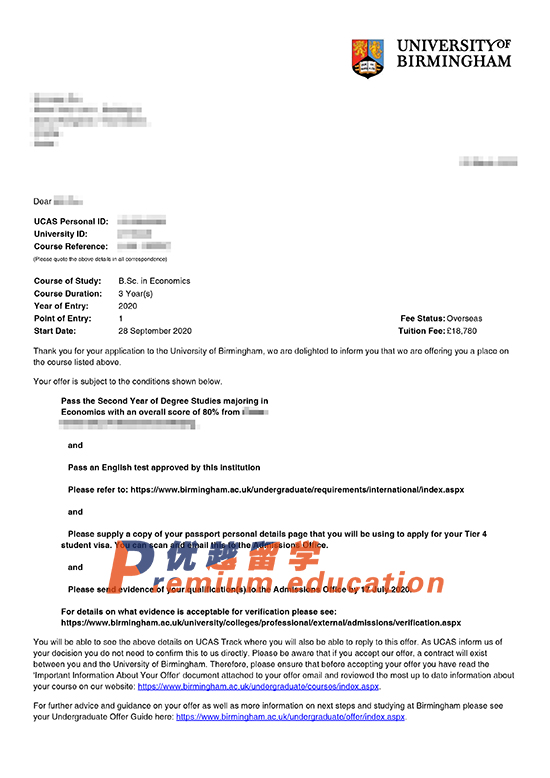 2020offer：恭喜朱同學獲得伯明翰大學經濟學專業理學碩士通知書